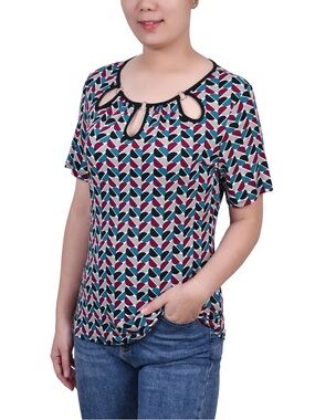 Women’s Patterned Keyhole Neck Short Sleeve Top - Teal, White, Black PetiteXL